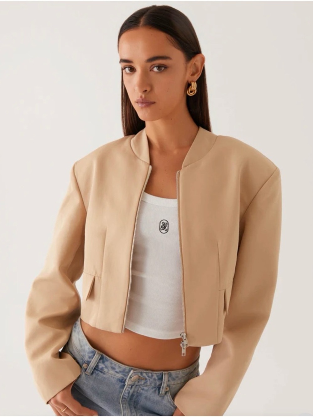 Pepper Mayo Cropped Beige Jacket S/M Minimalist Zip-Up
